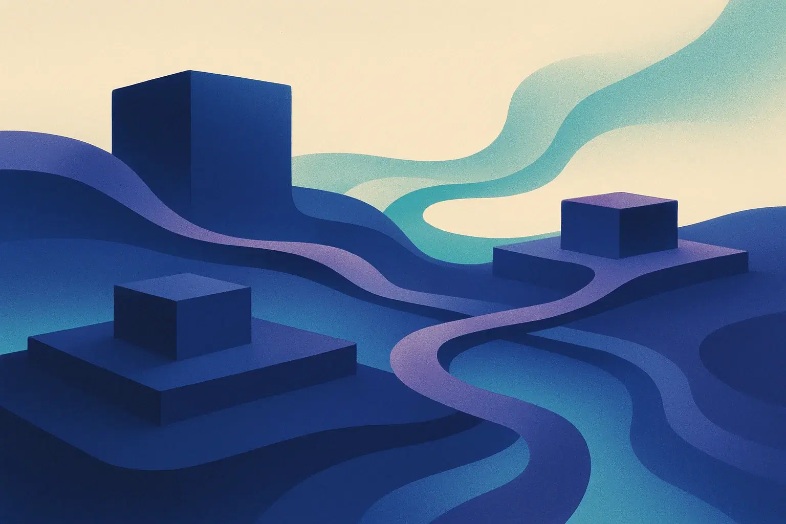 An expansive abstract landscape of interconnected AI platforms represented as layered architectural structures — foundation models as bedrock, orchestration as flowing pathways, and build surfaces as elevated workspaces