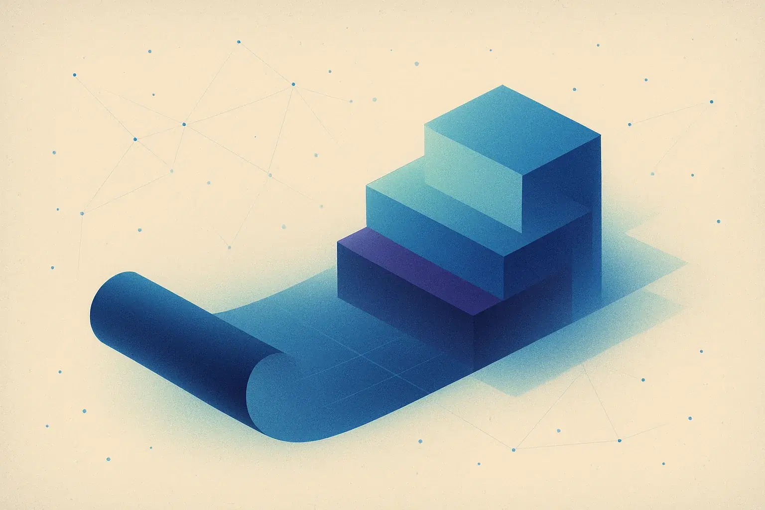 An abstract blueprint unfolding into layered digital architecture — airy, editorial, luminous