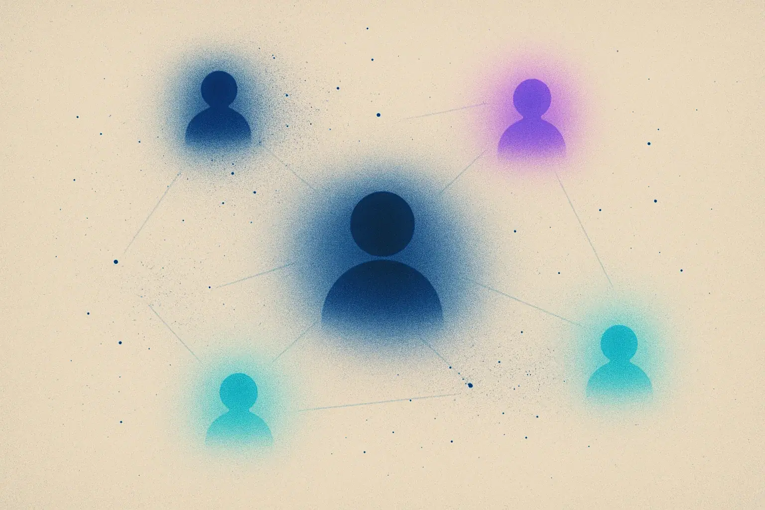 A constellation of AI assistants orbiting a central user, each glowing with a different hue