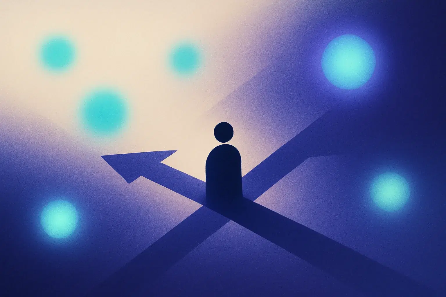 A quiet decision moment surrounded by glowing orbs representing different AI assistants